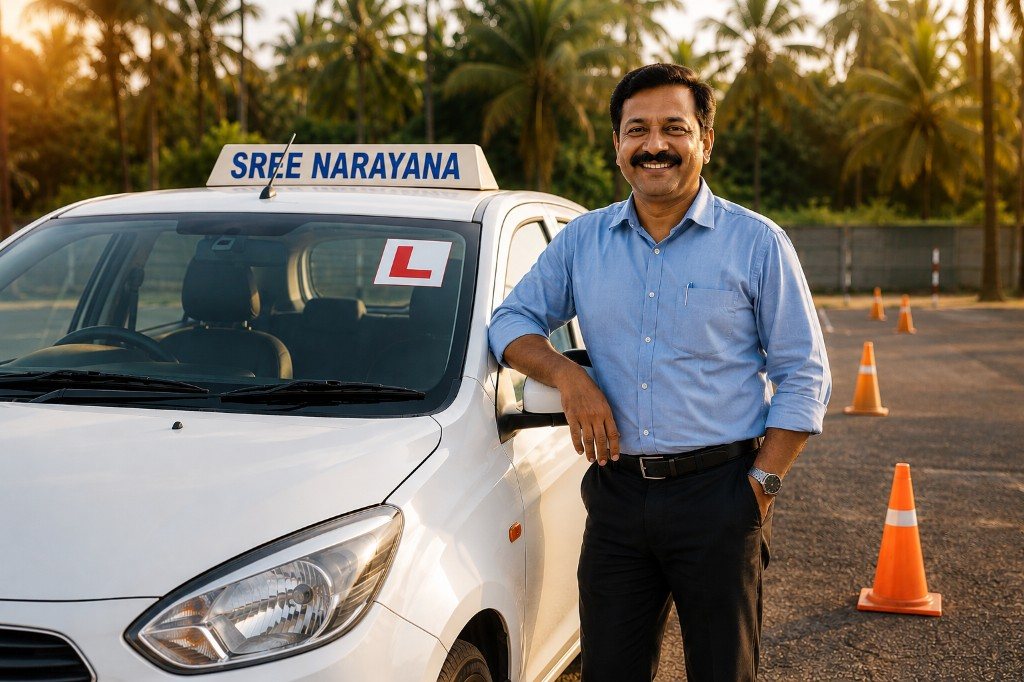 Sree Narayana Motor Driving School instructor and training vehicle