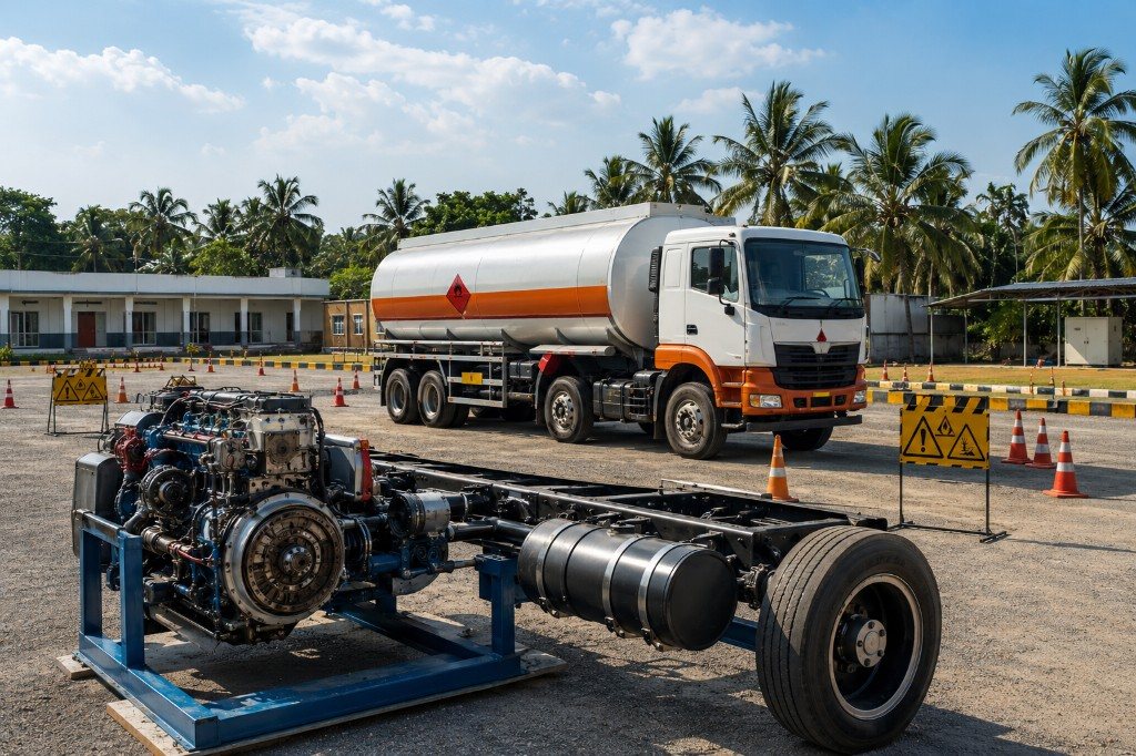 Hazardous goods driver training yard with heavy vehicle chassis and fuel tanker